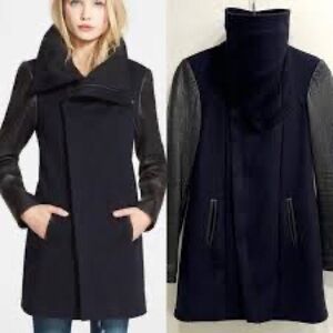 Veda Deep Navy Trench Coat with Black Leather Sleeves